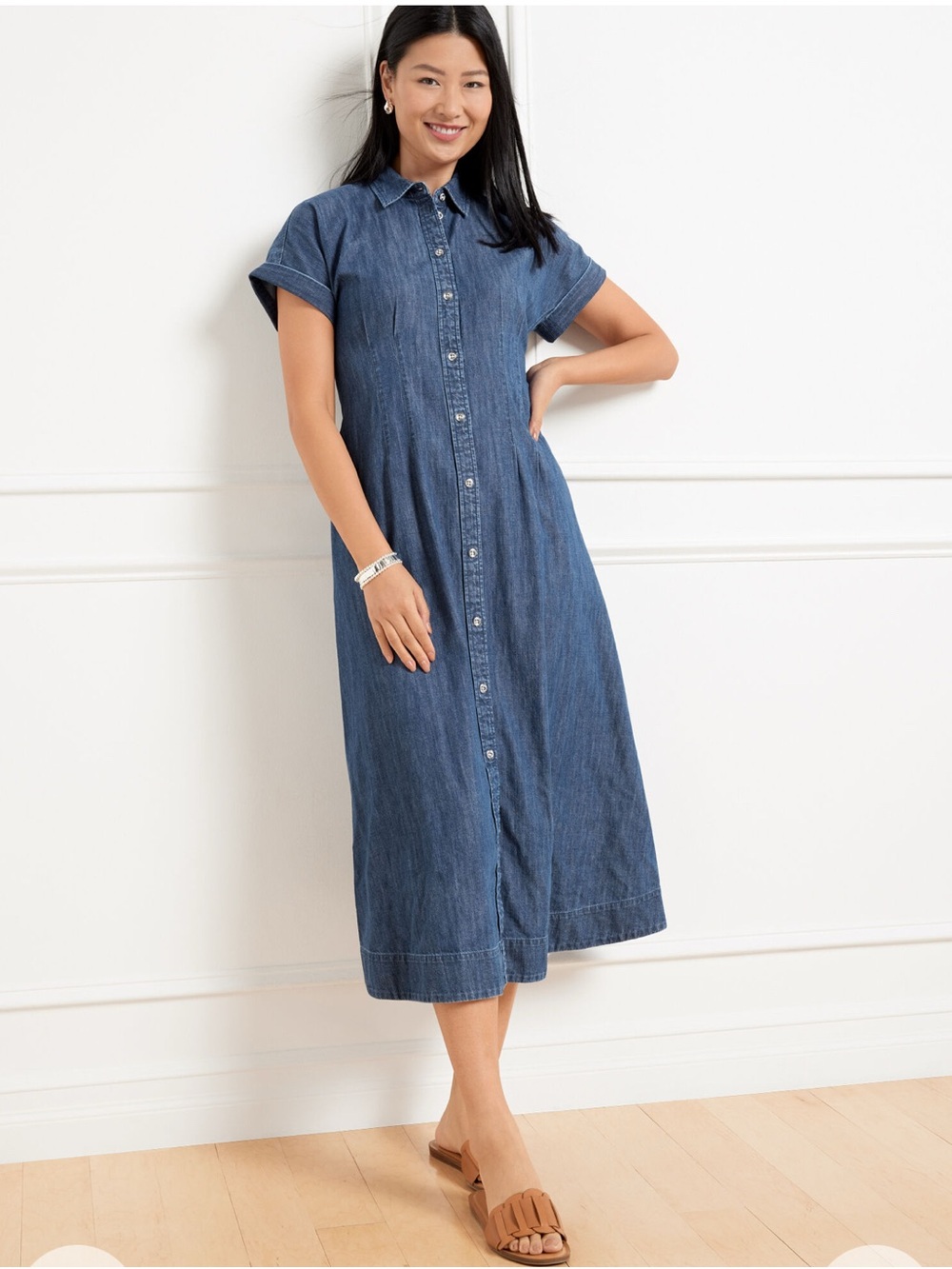 Button-Front Denim Midi Dress in Blue